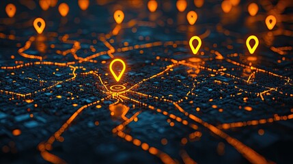 3D Digital Map with Geolocation Tracking and Real-Time Updates Illuminated in Orange 