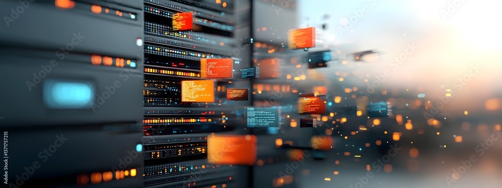 Poster detailed digital artwork depicting a bustling server driven data hub with multi tiered data centers 