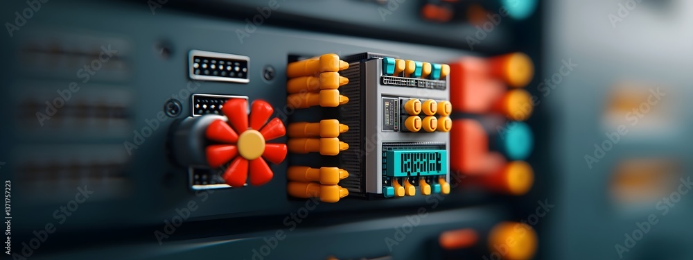 Poster detailed digital of a high performance server system with complex circuit boards cooling mechanisms 
