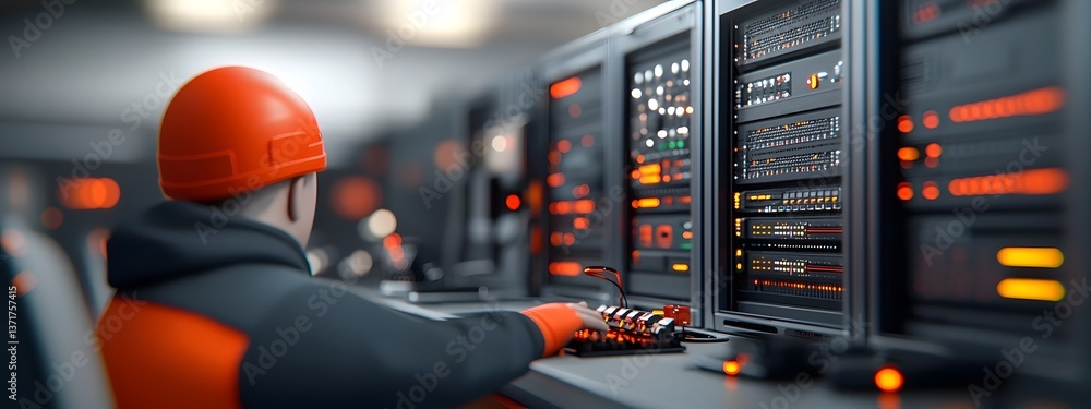 Poster detailed view of a server room with intricate computer hardware network equipment and glowing displa