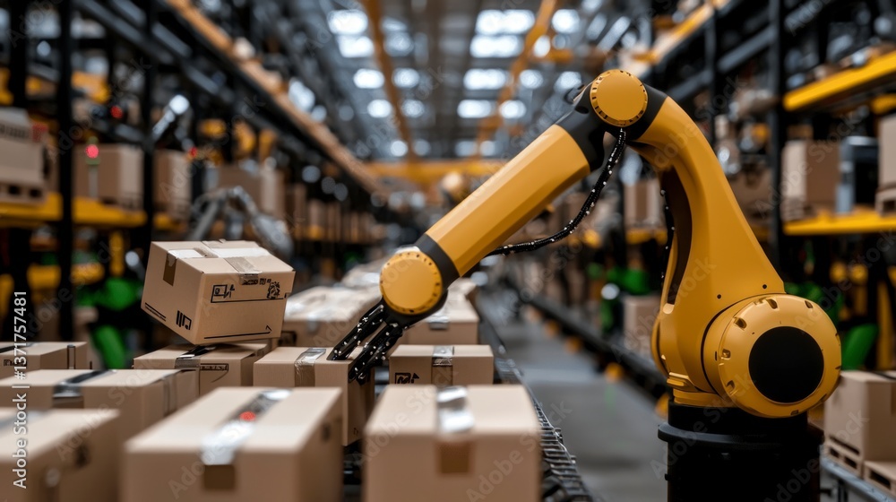 Poster automated warehouse robotic arm sorting packages