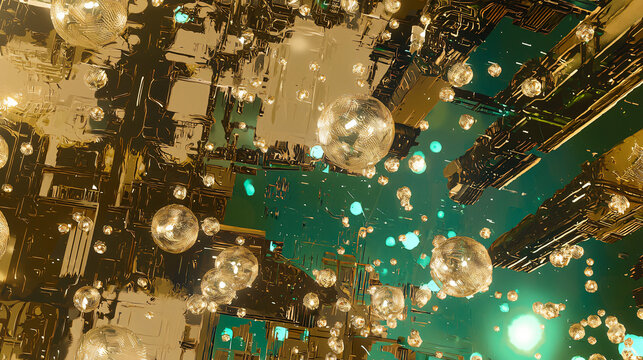 A cluster of brilliant lights hanging from the ceiling creating an ethereal atmosphere in a sci-fi environment with alien technology.