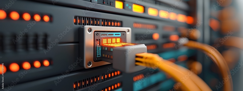 Poster futuristic data processing hub with towering server towers intricate cable management advanced cooli