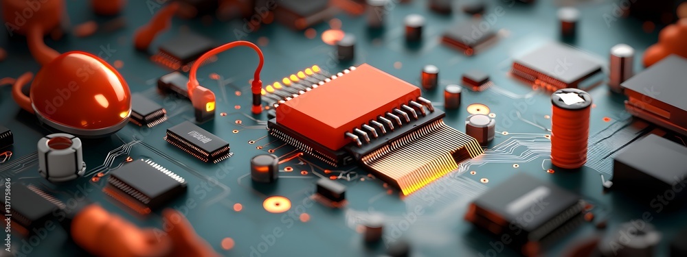 Poster intricate circuit boards and microchips forming a dynamic central structure sleek metallic surfaces 