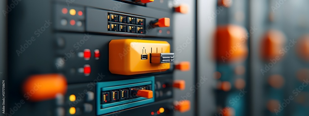 Poster intricate mechanical components pulsing data arrays and luminous control panels of an advanced serve