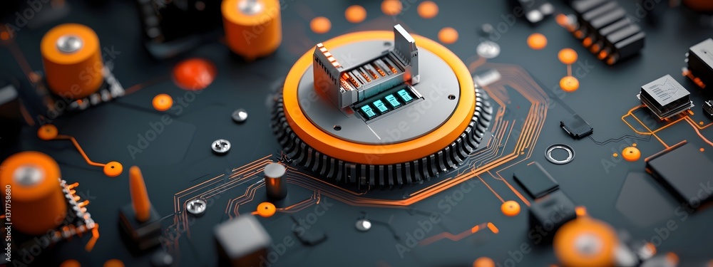 Poster intricate circuit boards and microchips forming a dynamic central structure sleek metallic surfaces 