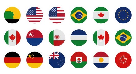 Collection of circular country flags including the united states canada and brazil on a white background