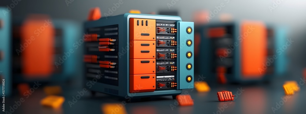 Poster minimalist and functional server rack system featuring advanced electronics pulsing digital circuits