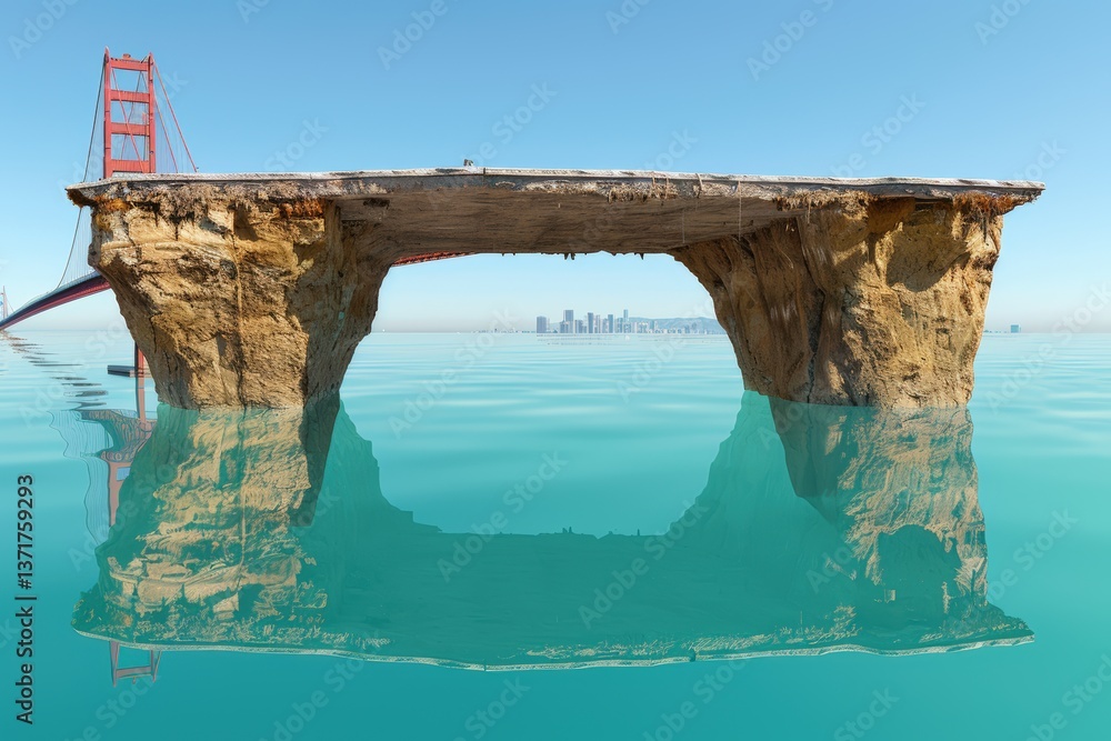 Poster a surreal image of a submerged rock formation with a large arch, reflecting in calm waters beneath a