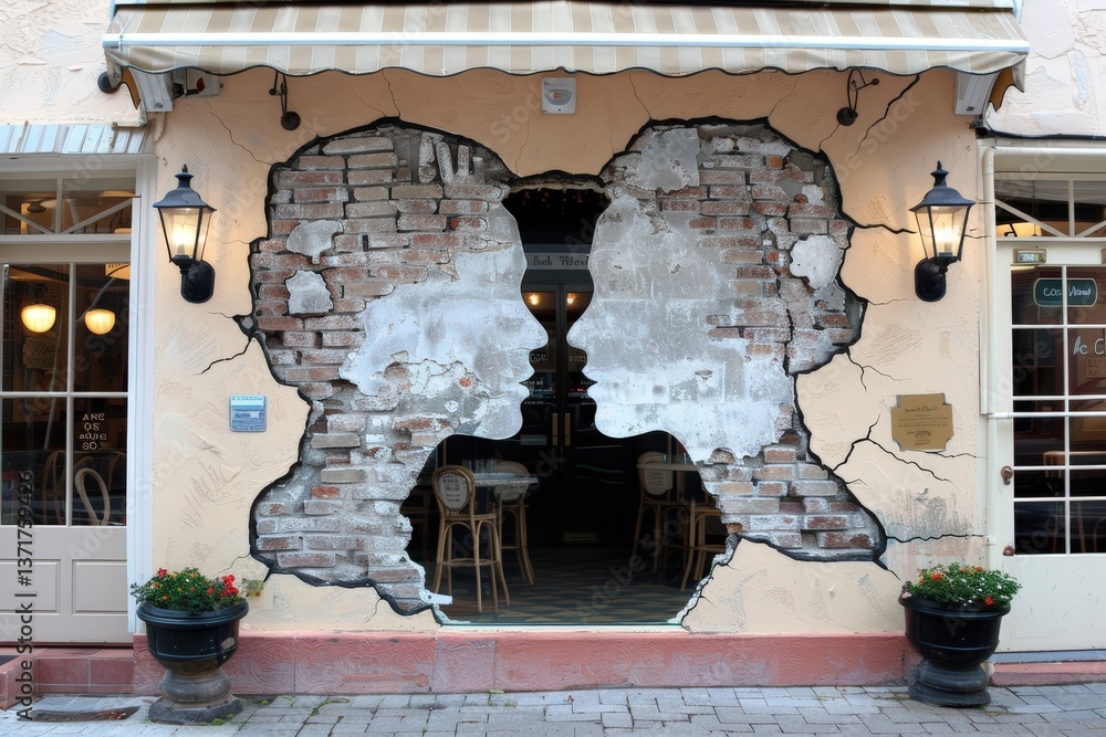 Poster a striking mural depicting two faces emerging from a cracked wall, creating an illusion of depth and