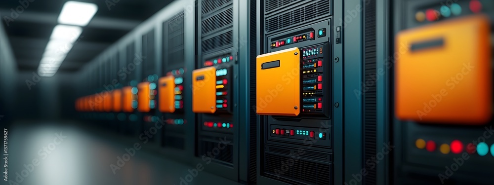Poster sleek and advanced data center with complex circuits neon lit displays and a distinct aesthetic show
