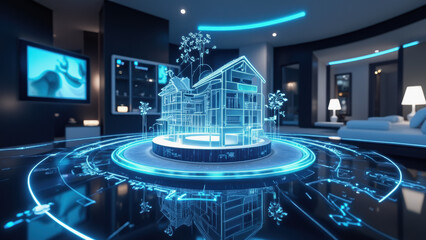 futuristic digital representation of house, showcasing advanced technology and design elements modern interior space