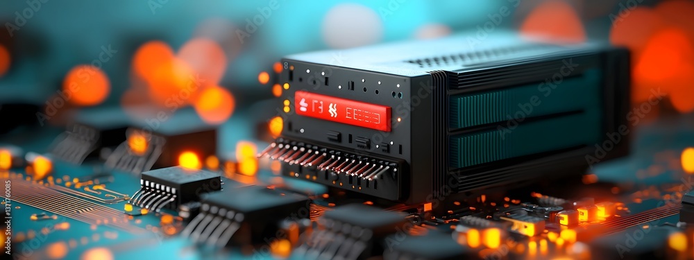 Poster sleek high tech server hardware executing data processing in a clean futuristic setting with glowing