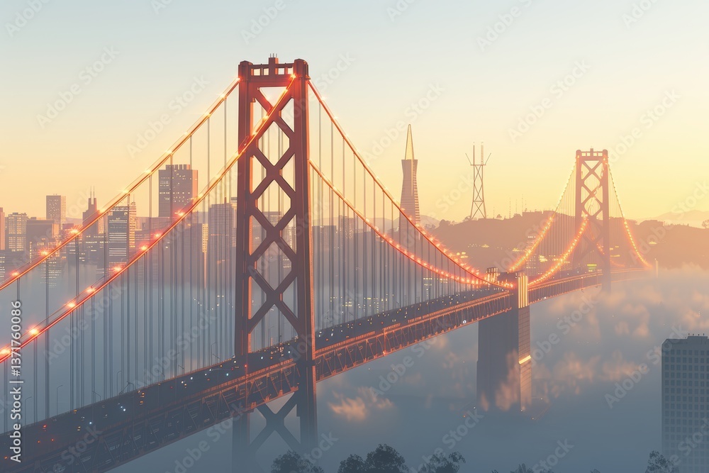 Poster a stunning view of a bridge illuminated at dawn, with a city skyline and fog creating a serene atmos