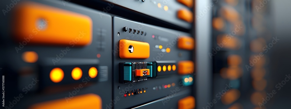 Poster sleek high tech server panels and wiring in a futuristic minimalist data processing system with lumi