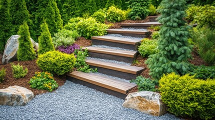 Landscaped Garden with Wooden Steps and Gravel Path