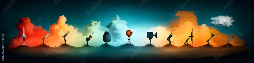 Poster stylized depicting the frequency allocation for different radar communication bands in an abstract v