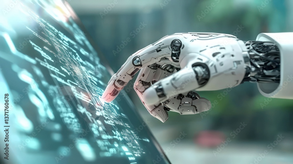 Poster futuristic robotic hand interacting with digital interface