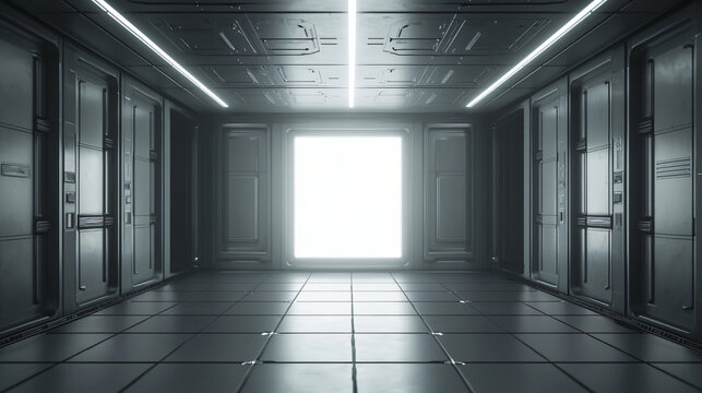 Minimalist room featuring a door in a futuristic sci-fi environment with unique alien technology elements and atmospheric lighting.