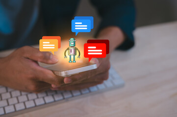Social Media Man hand using smartphone typing live chat bot chat chatting on application communication digital web and social network concept. Social media application chat box