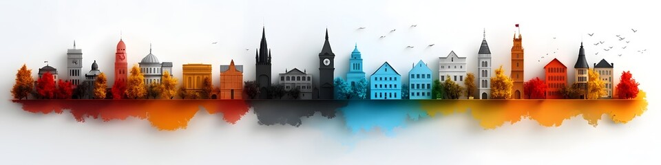 Fototapeta premium This vibrant abstract cityscape depicts a diverse collection of iconic architectural styles from different historical eras