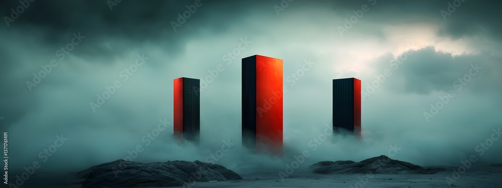 Poster towering monolithic data servers cloaked in luminous energy fields in a futuristic surreal digital l