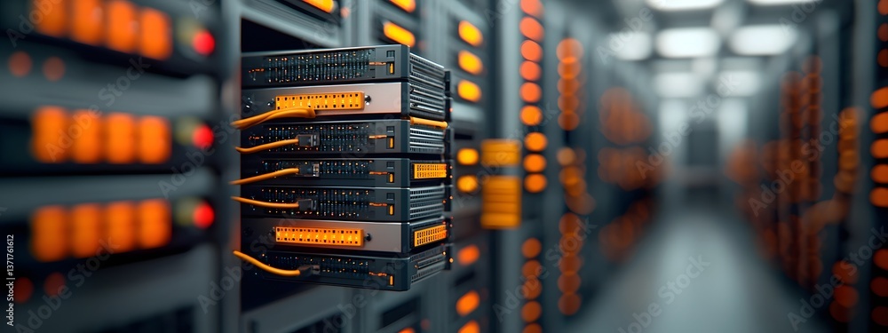 Poster towering racks of interconnected servers with pulsing indicator lights complex data cabling and cool