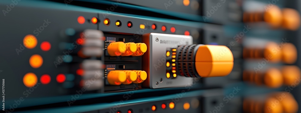 Poster towering racks of powerful server hardware intricate matrix of illuminated cables and circuitry dyna