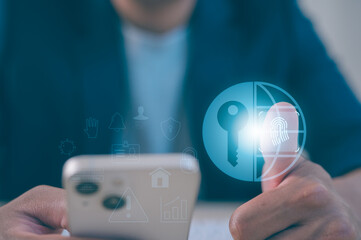 Man using smartphone scan Fingerprint biometric identity approval access to system online network,...