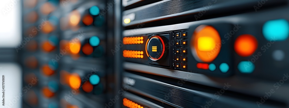 Poster towering server racks with glowing panels intricate cable management and a moody sci fi industrial a