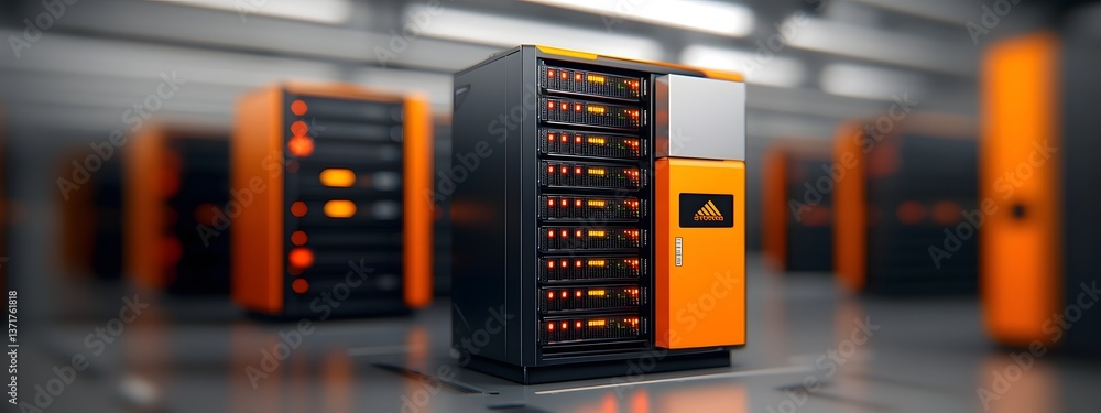 Poster towering racks of interconnected servers with pulsing indicator lights showcase the innovative infra