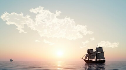 Sunset Sailboat Ocean Scene  Calm Sea  Dramatic Sky  Adventure  Exploration  Freedom