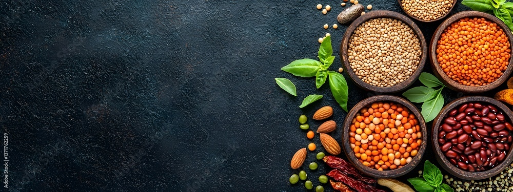 Poster vibrant array of earthy toned legumes grains and seeds displayed in a minimalist rustic setup with n
