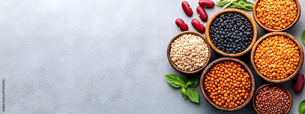 Poster vibrant display of an array of heirloom grains beans and legumes in rustic wooden bowls set against 