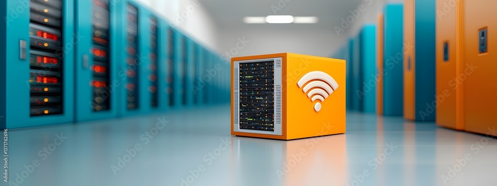 Poster visually captivating tech design featuring a sleek and futuristic data center housing intricate netw