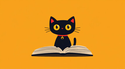 Cute black cat sitting on an open book against a vibrant yellow background.