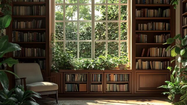 Large wooden bookcase filled with books, surrounded by natural light and greenery, in open-air room overlooking garden outside
