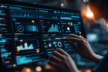 Digital marketing strategy and online advertising analytics concept professional interacts with smart dashboard, showcasing SEO, social media targeting, content marketing, and campaign performance