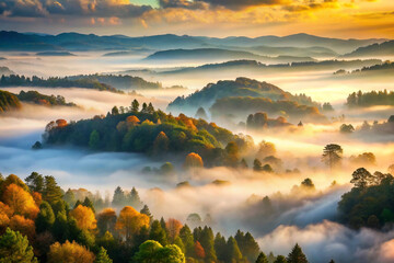 Obraz premium A breathtaking shot of a valley covered in thick morning fog, with tree tops barely peeking through
