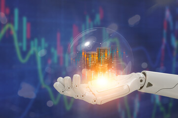 investment and finance concept, Robot hand holding virtual trading graph and blurred coins on hand,...