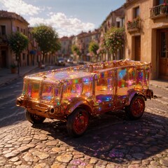 Obraz premium A dazzling, iridescent jeepney shines under the sun on a cobblestone street in a picturesque town, reflecting vibrant colors and creating a dreamlike, magical atmosphere.