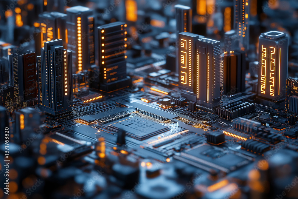 Fototapete futuristic digital metropolis, 3d rendered circuitry and motherboard visualization - information tec