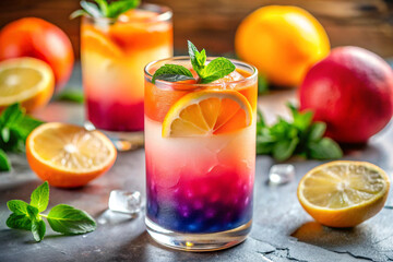 Fototapeta premium A color-changing pH mocktail, shifting from deep blue to pink as citrus is added