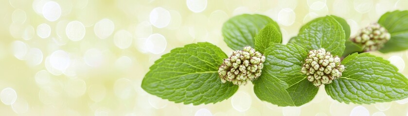 Fresh mint sprig, buds, bokeh background, spa, wellness