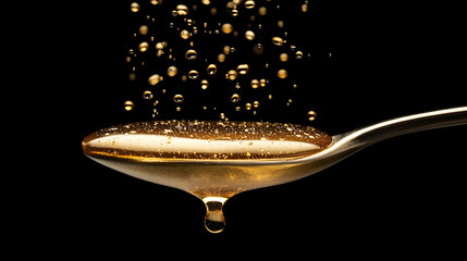 Golden Oil Dripping from a Spoon on Black Background