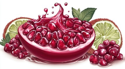 Pomegranate slice splash with lime halves on white for recipes, healthy food blog