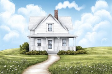 Fototapeta premium A hand-drawn ink sketch of a rustic farmhouse with smoke rising from the chimney on Thanksgiving morning