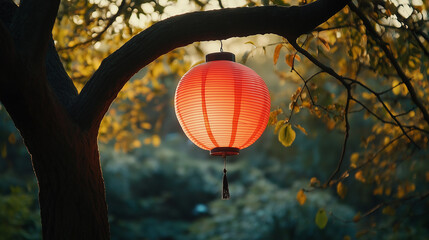 Obraz premium Red lantern hanging from tree branch in soft natural light