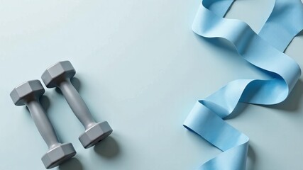 Fitness rubber bands for sports and dumbbells on blue background, top view