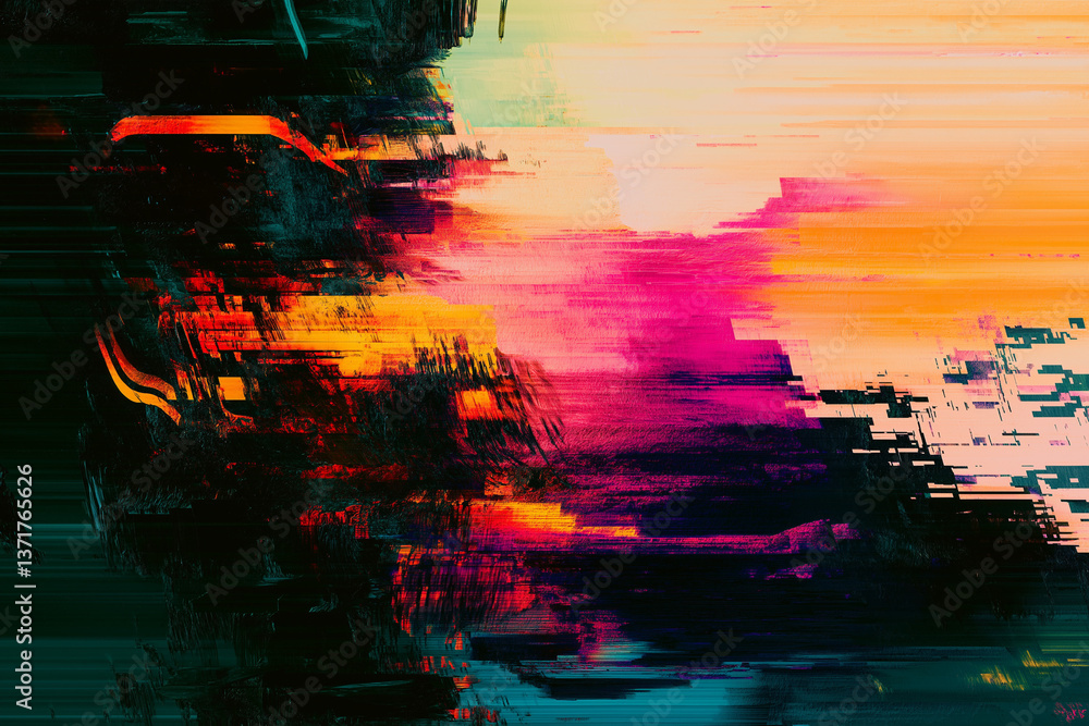Poster glitched interruption artistic interpretation of technical difficulties screen with vibrant distorti